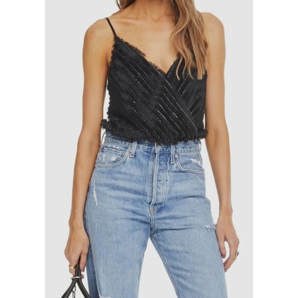 ASTR The Label Women's Black V-Neck Metallic Eyelash Fringe Bodysuit - Picture 1 of 10